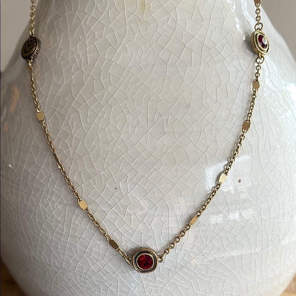 The Sak Gold and Ruby Red Crystal Station Necklace Minimalist Design
